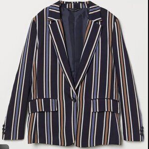 H&M Striped One-Button Blazer – Navy/Tan/Blue, US 6